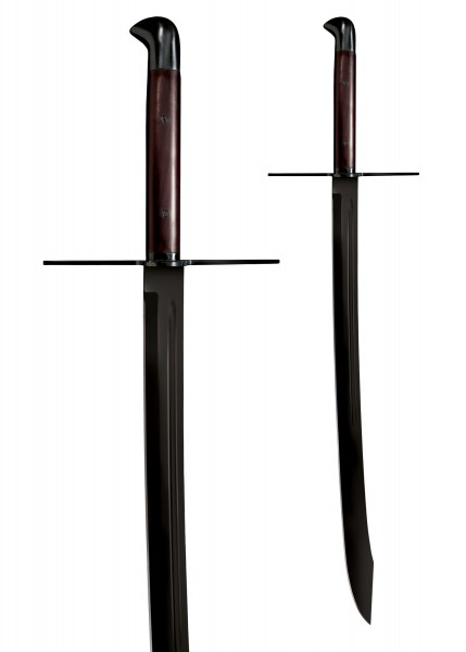 Grosses Messer mit Scheide aus der Man-at-Arms Serie. Das Bild zeigt zwei Ansichten des massiven, geschwärzten Messers mit einer scharfen Klinge und einem dunkelbraunen Griff. Das Messer hat einen gebogenen Knauf und eine doppelte Parierstange.