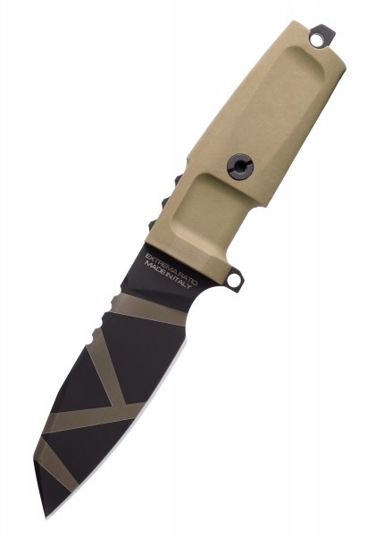 Das Extrema Ratio TASK C, Desert Warfare, ist ein feststehendes Messer mit einer schwarz-beige Musterklinge und einem sandfarbenen Griff. Es ist robust und für taktische Anwendungen konzipiert.