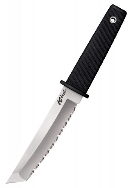 Das Kobun Stiefelmesser, ein robustes Messer mit Tantoklinge und Wellenschliff, verfügt über einen ergonomischen schwarzen Griff für sicheren Halt. Ideal für taktische und Outdoor-Anwendungen.