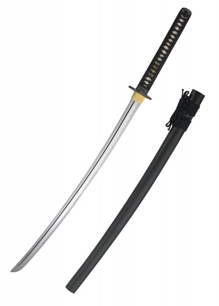 Die Ronin Katana ist ein japanisches Schwert mit einer eleganten, leicht geschwungenen Klinge und einem detailliert umwickelten, schwarzen Griff. Neben der Klinge ist auch die passende schwarze Scheide abgebildet.