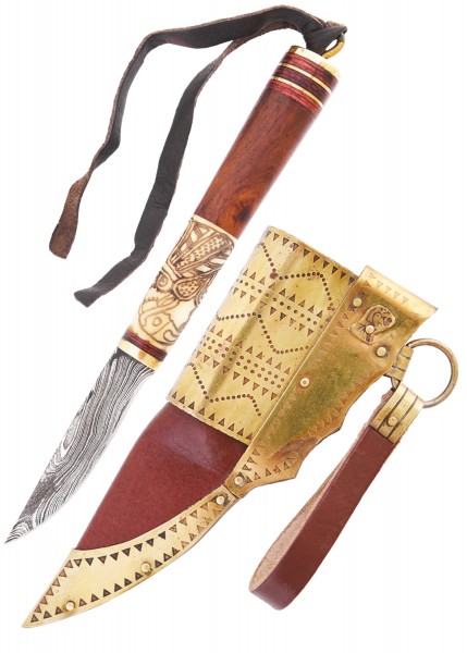 Das Wikinger-Messer aus Damaststahl mit einem kunstvollen Griff aus Holz und Knochen zeigt ein Rabenmotiv. Es kommt mit einer verzierten Scheide aus Leder und Metalldetails. Ideal für Mittelalter-Enthusiasten und Sammler.