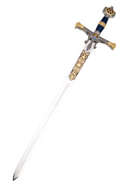 Das Salomon Schwert von Marto zeigt exquisite Handwerkskunst. Die Klinge ist silbern, und der Griff ist mit goldenen und blauen Details verziert. Symbole und Ornamente schmücken den Griff, was ihm einen majestätischen Anblick verleiht.