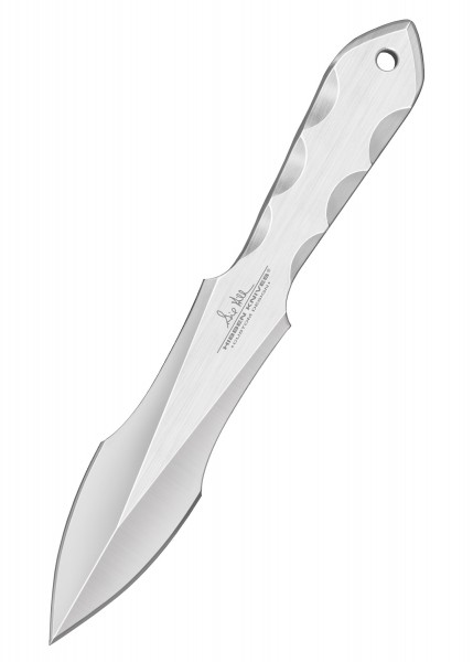 Das Gil Hibben Gen III Wurfmesser Set mit Scheide zeigt ein stilvolles Messer mit einer silbernen, glatt polierten Klinge und einer robusten Scheide. Perfekt für präzises Werfen und Outdoor-Abenteuer.