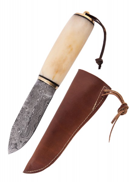 Gebrauchsmesser mit einem eleganten Knochengriff und einer Klinge aus Damaststahl. Das Messer wird mit einer hochwertigen braunen Lederscheide präsentiert. Ideal für Outdoor-Aktivitäten und Sammler.