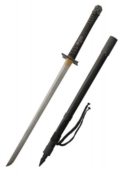 Das Kouga Ninja-To ist ein traditionelles japanisches Schwert mit einer geraden Klinge und einer dekorierten Schwertscheide. Der schwarze Griff und die Verzierung verleihen dem Schwert ein authentisches Aussehen. Die Klinge ist scharf und robust.