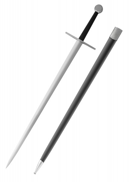 Das Tinker Bastard-Schwert ist ein scharfes Schwert mit einer langen, schmalen Klinge und einem schwarzen Griff. Es kommt mit einer passenden Scheide in Schwarz und Metallverzierungen. Ideal für historische Fechttechniken.