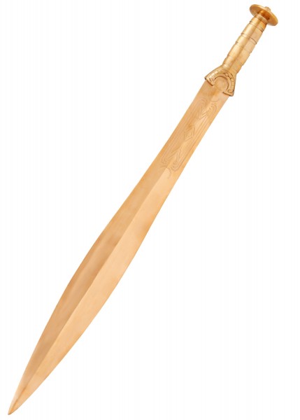 Das Bild zeigt ein keltisches Kurzschwert aus Bronze mit detaillierten Gravuren auf der Klinge. Der bronzene Griff ist gerippt und bietet einen sicheren Halt. Das Schwert hat eine traditionelle Form und strahlt historische Authentizität aus.