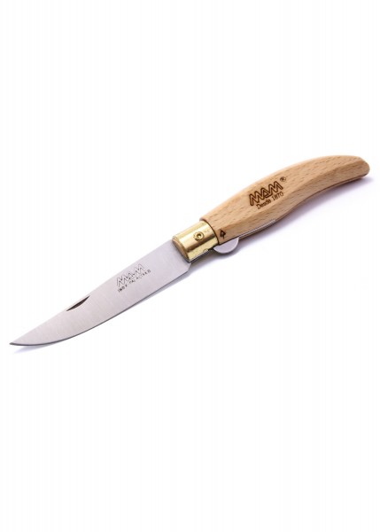 Iberica Taschenmesser mit 75 mm Klinge und Linerlock. Das hochwertige Messer hat einen rostfreien Edelstahlklinge und einem ergonomischen, polierten Holzgriff mit Markenlogo. Ideal für Outdoor-Aktivitäten und den täglichen Gebrauch.