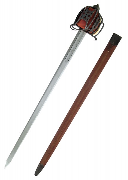 Dieses schottische Breitschwert in Antikversion verfügt über ein kunstvoll gefertigtes Korbgefäß, das sich über den Griff erstreckt. Die lange, gerade Klinge und die passende Scheide unterstreichen den historischen Charakter dieses Schwerts.