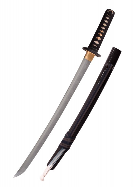Das Bild zeigt ein traditionelles japanisches Wakizashi-Schwert namens Lion Dog Wakizashi. Es hat eine scharfe, gebogene Klinge und einen schwarzen Griff mit goldfarbenen Akzenten. Die Scheide ist ebenfalls schwarz und elegant gestaltet.