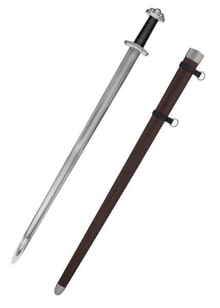 Das Bild zeigt ein hochwertiges Wikingerschwert mit einer langen, scharfen Klinge und einem schwarzen Griff. Das Schwert wird zusammen mit einer braunen Scheide präsentiert, die ebenfalls robuste Details aufweist.