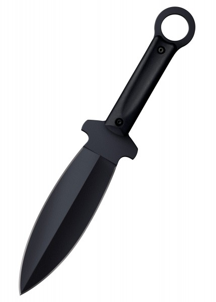 Das Shanghai Shadow Wurfmesser ist ein schwarz beschichtetes Messer mit einer glatten, doppelt geschliffenen Klinge. Der ergonomische Griff bietet optimalen Halt, und der Ring am Ende ermöglicht präzise Würfe. Das Messer ist robust und vielseitig, id
