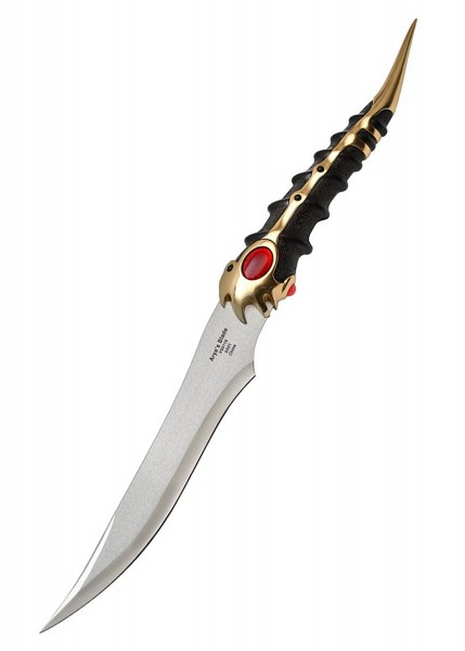 Aryas Dolch aus Game of Thrones. Das Messer hat eine geschwungene Klinge und einen kunstvollen Griff mit goldenen und roten Elementen. Ideal für Sammler und Fans der Serie.
