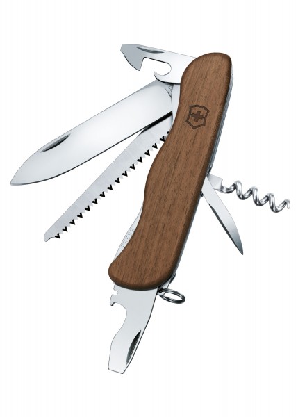 Das Victorinox Forester Wood ist ein 111 mm Taschenmesser mit Griffen aus Nussbaumholz. Es verfügt über mehrere Werkzeuge, darunter eine große Klinge, eine Säge, einen Korkenzieher und einen Flaschenöffner. Ideal für Outdoor-Enthusiasten und Abenteur
