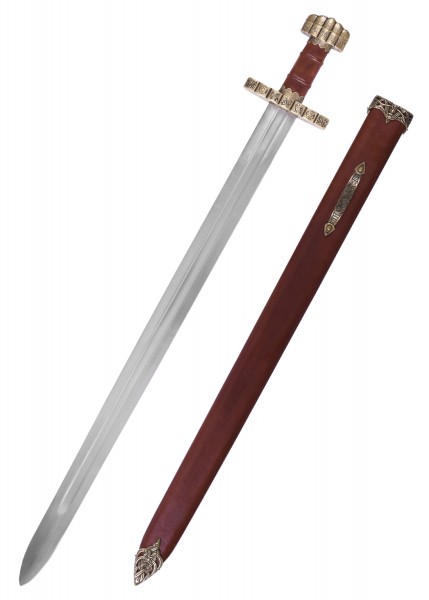 Wikingerschwert aus Haithabu, 9. Jh. Dargestellt ist ein langes Schwert mit verziertem Griff und Knauf aus Metall. Die Klinge ist gerade und beidseitig geschliffen, daneben eine reich verzierte Scheide in dunkelbrauner Farbe.