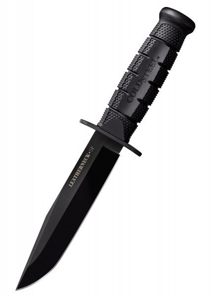 Das Leatherneck-SF Messer aus D2 Werkzeugstahl verfügt über eine schwarz beschichtete, gerade Klinge und einen geriffelten Griff für sicheren Halt. Es zeigt das Cold Steel Logo auf dem Griff. Ein stabiles und robustes Messer, ideal für verschiedene A