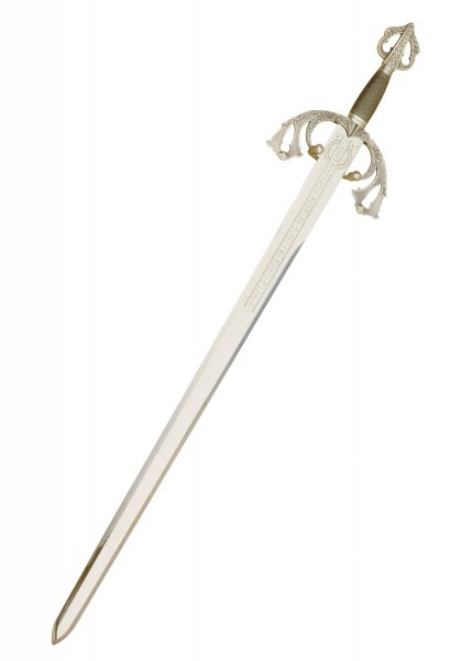 El Cids Schwert Tizona in Silber von Marto. Dieses kunstvoll verzierte Schwert verfügt über eine detailreiche Parierstange und einen aufwendig gestalteten Griff, ideal für Sammler historischer Waffen und Liebhaber mittelalterlicher Requisiten.