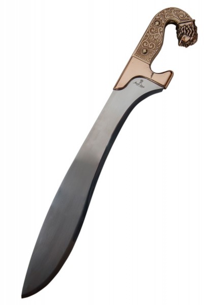 Die bronzefarbene iberische Falcata von Marto zeigt eine geschwungene Klinge und einen verzierten Griff mit Löwenkopf-Design. Ideal für Sammler und Liebhaber historischer Waffen.