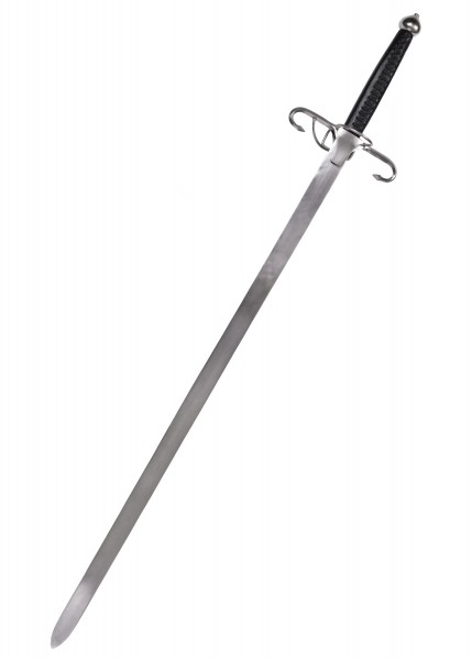 Ein schottisches Zweihand-Breitschwert mit einer langen, geraden Klinge und einem schwarzen Griff. Es verfügt über eine einfache Parierstange und einen gerundeten Knauf, ideal für mittelalterliche Reenactments oder Sammlungen.