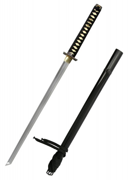 Das Practical Ninja-To mit weißer Samé zeigt ein schlankes, silberfarbenes Schwert mit einer schwarzen Schutzhülle und einem kunstvoll gewickelten Griff. Perfekte Balance und Eleganz für Ästheten und Kampfkünstler.