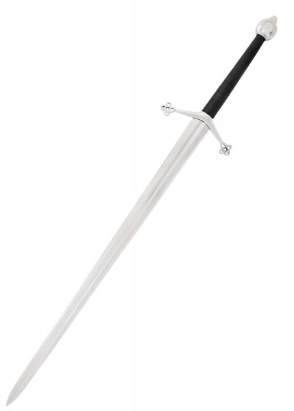 Ein exquisit gearbeitetes schottisches Claymore-Schwert mit einer langen, glänzenden Klinge und einem schwarzen Griff, der für Präzision und Ausgewogenheit sorgt. Ideal für Sammler und Liebhaber mittelalterlicher Waffen.