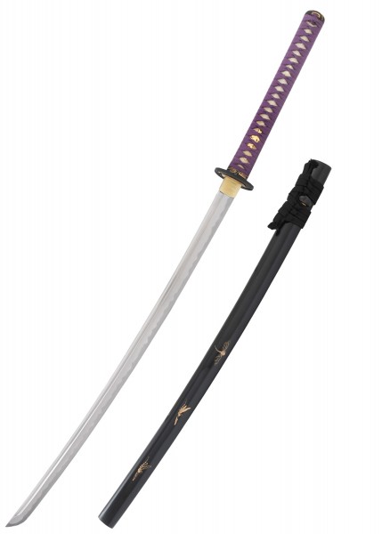 Das Tonbo Katana ist ein kunstvoll gefertigtes Schwert mit einer lila Griffwicklung und einer gravierten schwarzen Saya (Schwertscheide). Die Klinge ist leicht gebogen und zeigt traditionelle japanische Handwerkskunst.
