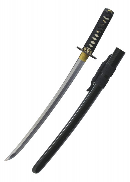 Das Wind und Thunder Wakizashi ist ein wunderschön gestaltetes, japanisches Kurzschwert mit einer polierten Klinge und einem kunstvoll verzierten Griff. Es wird mit einer schwarzen Scheide geliefert und zeichnet sich durch seine detailreiche Handarbe