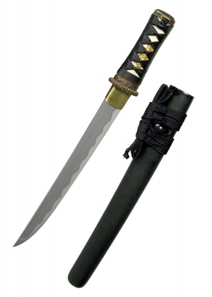 Das Practical Plus Tanto ist ein traditionelles japanisches Kurzschwert. Es verfügt über eine gehärtete Klinge, einen Griff mit Ziernähten und eine schwarze Scheide. Perfekt für Sammler und Enthusiasten von Kampfkünsten.
