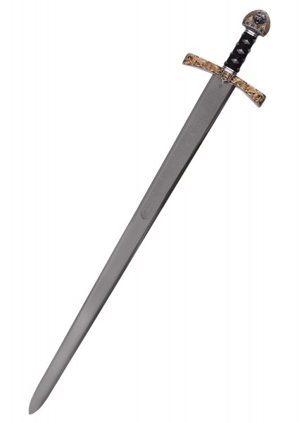 Das Schwert von Richard Löwenherz von Marto, ein dekoratives Mittelalterschwert mit einer verzierten goldenen Parierstange und einem schwarzen Griff. Hochwertige Handwerkskunst, ideal für Sammler und Geschichtsinteressierte.