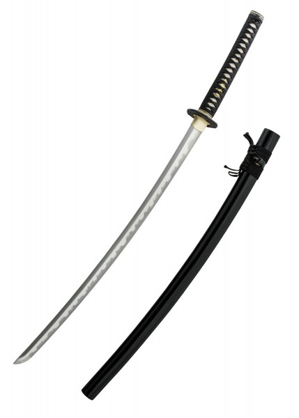 Die Bamboo Mat Katana ist ein kunstvoll gefertigtes japanisches Schwert mit einer scharfen Klinge und einem schwarz-weiß gewickelten Griff. Die schwarze Scheide ergänzt das elegante Design.