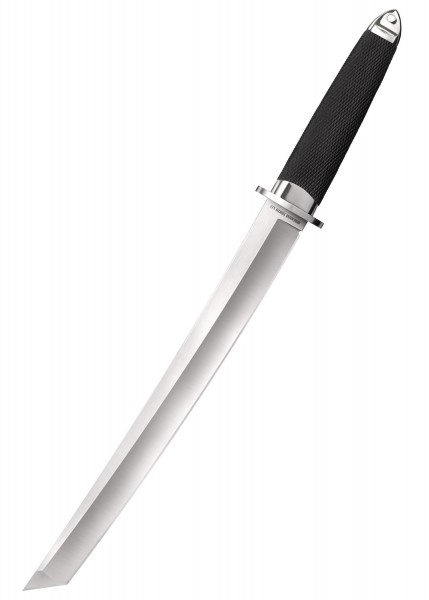 Das Bild zeigt das 3V Magnum Tanto XII mit einer langen, satinierten Klinge aus CPM 3V Stahl und einem schwarzen, texturierten Griff. Dieses Messer verbindet Robustheit und Eleganz und ist ideal für verschiedene Anwendungen geeignet.