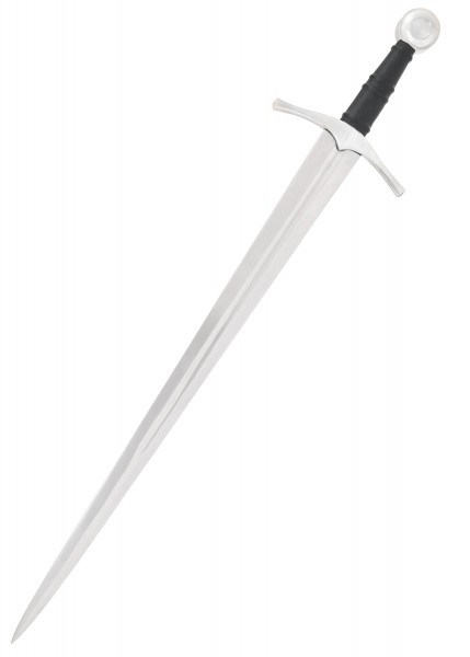 Detailaufnahme eines mittelalterlichen Einhänder-Schwerts mit glänzender, gerader Klinge und schwarzem, lederbezogenem Griff. Perfekte Replik für Sammler und Liebhaber historischer Waffen.