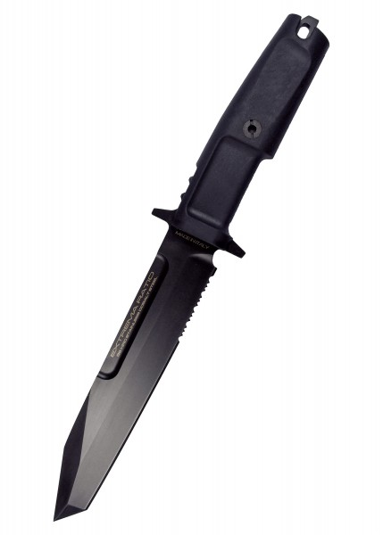 Das Extrema Ratio FULCRUM ist ein schwarzes, feststehendes Messer mit einer robusten, schwarzen Klinge und einem ergonomischen Griff. Ideal für den Einsatz im Outdoor-Bereich, zeichnet es sich durch seine Langlebigkeit und scharfe Schneide aus.