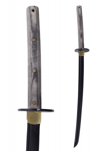 Das Bild zeigt das Tactana Schwert von Condor. Es hat eine gebogene Klinge mit einer schwarzen Oberfläche und einen grau strukturierten Griff mit Messingnieten. Geeignet für Sammler und Enthusiasten.