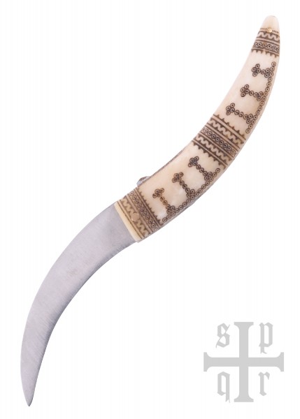 Wikinger-Taschenmesser mit einer Klinge aus Karbonstahl und einem kunstvoll geschnitzten Knochengriff. Die detaillierte Gravur und die geschwungene Form verleihen diesem Messer einen authentischen und rustikalen Look. Perfekt für Sammler.