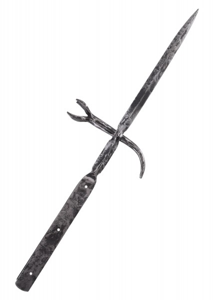 Der geschmiedete Luzerner Hammer ist ein beeindruckendes, mittelalterliches Werkzeug aus Stahl. Mit seinem langen Schaft und gezackten Spitzen eignet er sich für historische Reenactments oder als Sammlerstück.