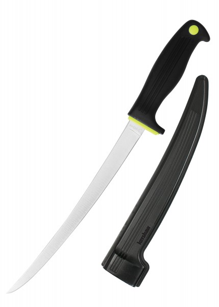 Das Kershaw 9-Zoll-Filetiermesser verfügt über eine scharfe, flexible Klinge aus Edelstahl, ideal für präzises Filetieren. Der ergonomische schwarze Griff und die passende schwarze Scheide bieten Komfort und Sicherheit während des Gebrauchs.