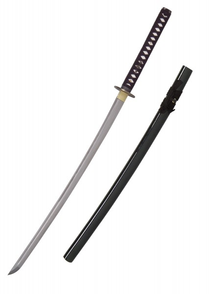 Die John Lee Golden Flower Katana ist ein hochwertiges Schwert mit einer scharfen Klinge und einem ergonomischen, violett umwickelten Griff. Die Scheide ist schwarz und sorgfältig gefertigt, perfekt für Kampfsport und Sammler.