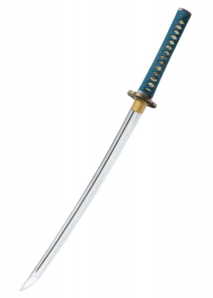 Das Shikoto Hammer-Forged Longquan Master Teal Wakizashi ist ein kunstvoll geschmiedetes Schwert mit einer glänzenden, gebogenen Klinge und einem stilvollen, türkisfarbenen Griff, verziert mit goldenen Akzenten. Eleganz und Tradition vereint.
