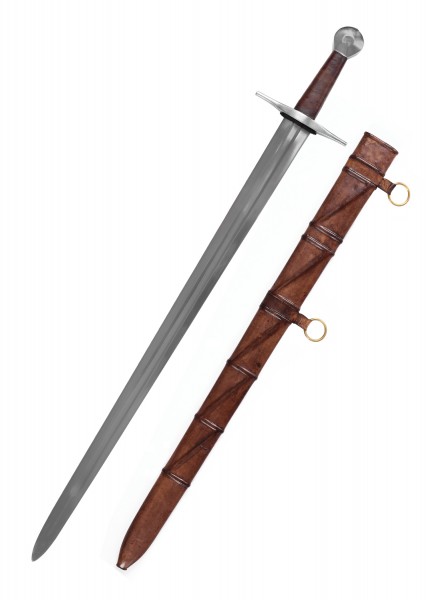 Das Bild zeigt das Sir William Marshal Schwert mit Scheide aus dem 12. Jahrhundert. Das Schwert hat eine gerade, glänzende Klinge und einen lederumwickelten Griff. Die braune Lederscheide verfügt über zwei goldene Metallringe.