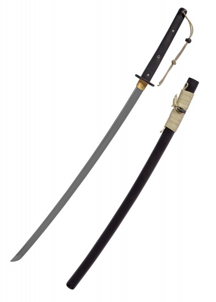 Das Tactical Katana ist ein modernes Schwert mit einer schlanken, gebogenen Klinge und einem schwarzen Griff. Es kommt mit einer passenden schwarzen Scheide mit gewickeltem Band, ideal für taktische Einsätze und Sammlungen.