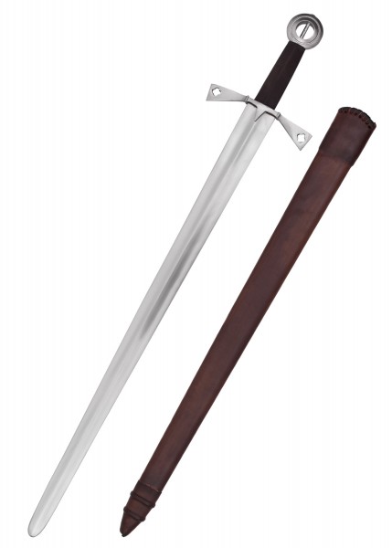 Dieses irische Einhandschwert für leichten Schaukampf (SK-B) besticht durch seine schlichte Eleganz und hochwertige Verarbeitung. Das Set umfasst ein blankes Stahlschwert und eine braune Lederscheide.