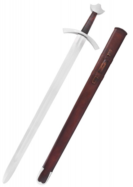 Hochmittelalterliches Ritterschwert mit passender Scheide. Das Schwert verfügt über eine scharfe Klinge aus robustem Metall, während die lederbezogene Scheide sowohl Schutz als auch eine authentische mittelalterliche Optik bietet.