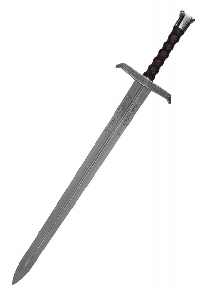 Dieses beeindruckende Schwert, inspiriert von King Arthur: Legend of the Sword, zeigt eine detaillierte Gravur auf der silbernen Klinge und einen mit Leder umwickelten Griff. Ein Kunstwerk, das die Legende von Excalibur zum Leben erweckt.