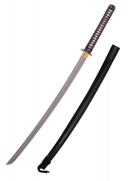 Das Shinto Light Katana ist ein elegantes Schwert mit einer schönen, gebogenen Klinge und einem kunstvoll gewickelten Griff. Es kommt mit einer schlichten, schwarzen Scheide, die das Schwert sicher und stilvoll beherbergt.