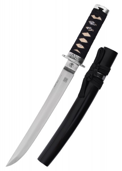 Ein Tanto-Messer mit schwarzer Holzscheide von Marto. Die Klinge ist aus hochglanzpoliertem Stahl gefertigt, der Griff ist traditionell mit schwarzem Band gewickelt. Eine exquisite Mischung aus Handwerkskunst und Funktionalität.