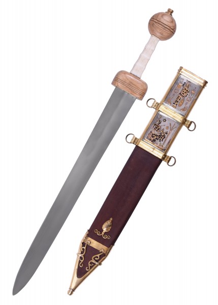 Römischer Xanten Gladius mit Scheide aus dem 3. Jahrhundert. Das Schwert hat eine glatte Klinge, einen hölzernen Griff und eine verzierte Scheide mit goldenen Details. Ein präzise gefertigtes Replikat eines historischen Kriegswerkzeugs.