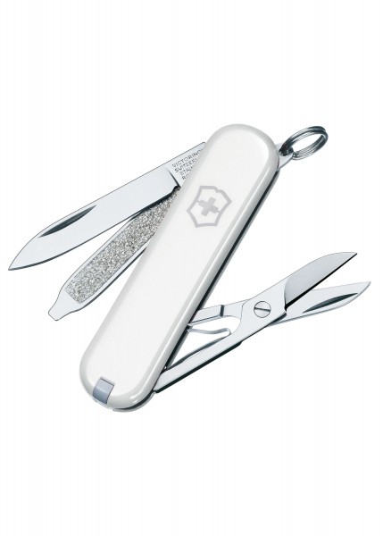 Das kleine Taschenwerkzeug Classic SD in Weiß ist ein vielseitiges Schweizer Messer. Es verfügt über eine Klinge, eine Nagelfeile mit Schraubendreher, eine Schere, eine Pinzette und einen Zahnstocher. Perfekt für den täglichen Gebrauch und unterwegs.