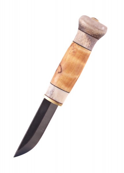 Das Jagdmesser Pikkupuukko von Wood-Jewel präsentiert sich mit einer robusten Klinge und einem kunstvoll gestalteten Griff aus Holz und Horn. Ideal für den Outdoor-Einsatz und für Jäger.