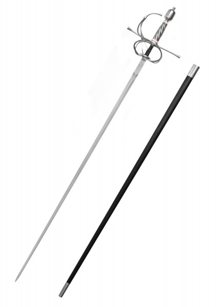 Der Torino Rapier ist ein elegantes Schwert mit einer schlanken Klinge und kunstvollen Parierstangen. Geeignet für Sammler und Schaukämpfe. In der Abbildung ist auch die passende Scheide zu sehen, die das Schwert schützt.